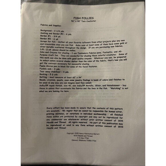 With Needle And Thread Fish Frollies Appliqué Quilt Pattern Ocean Marine Theme - Picture 3 of 3